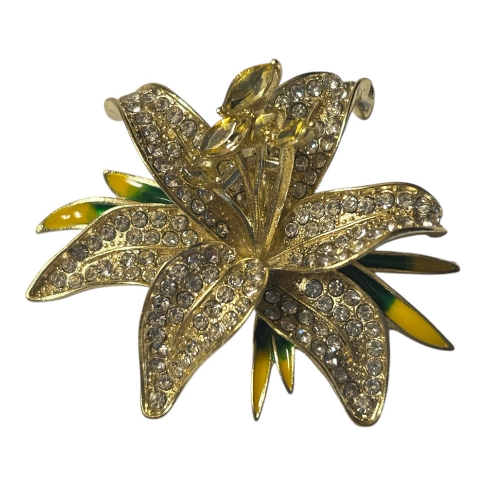 Gold Crystal Floral Easter Lily Brooch - Yellow and green accents. Stunning!